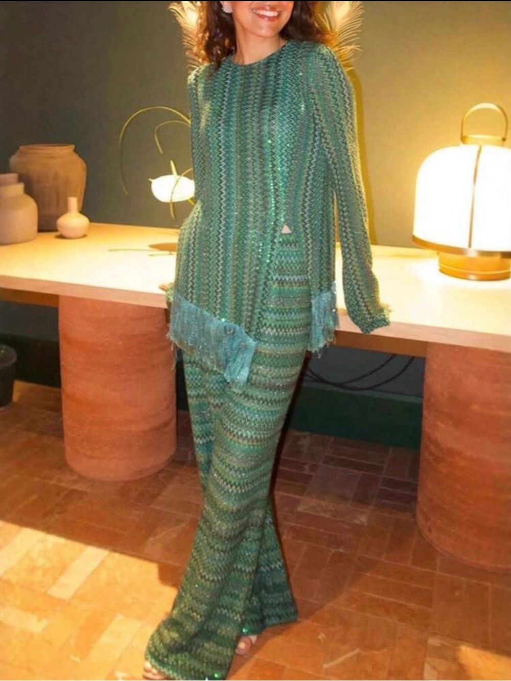 Zigzag Stripe Fringe Long Sleeve Top & Flared Pants Two Piece Matching Set